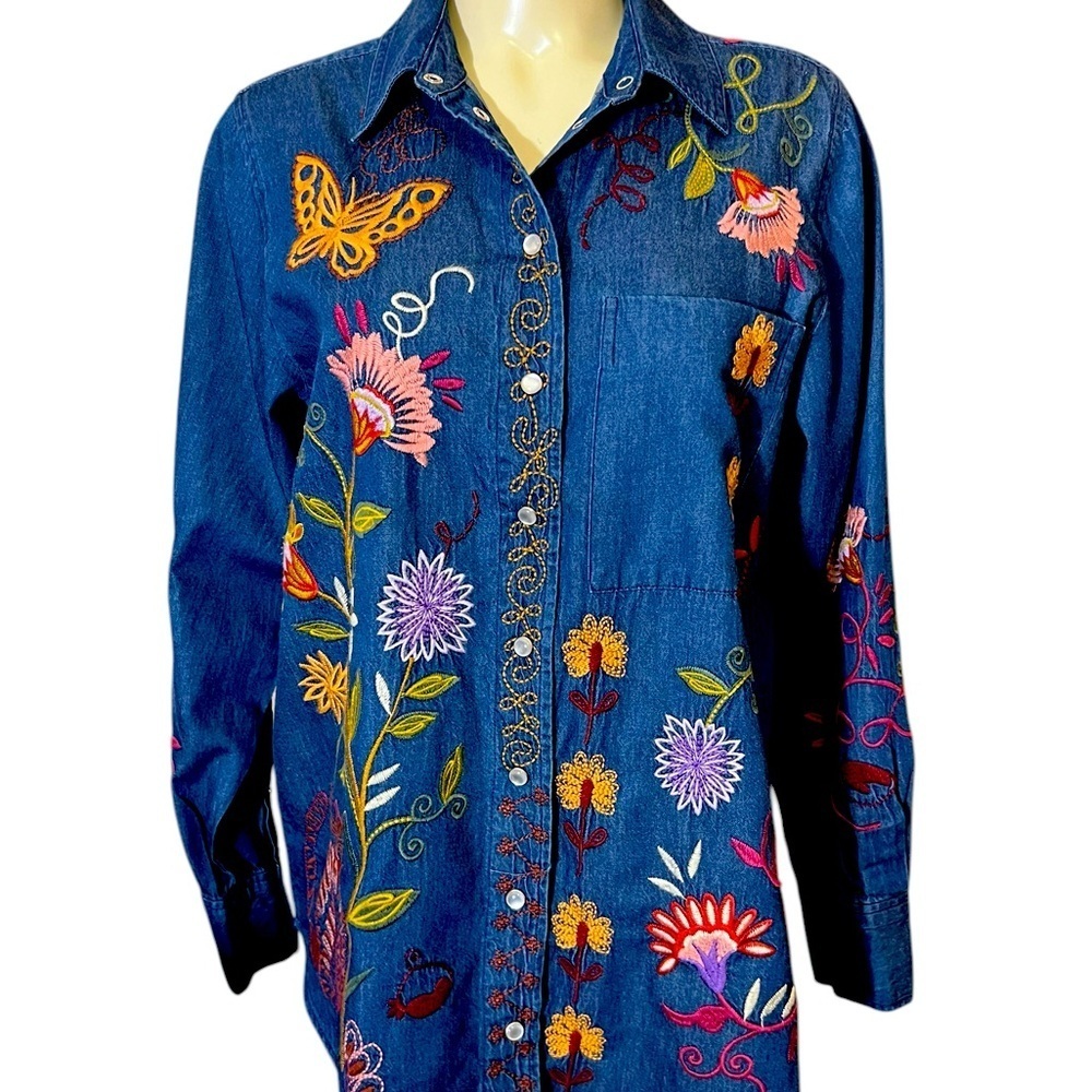 Floral Butterfly Embroidered Denim Top
